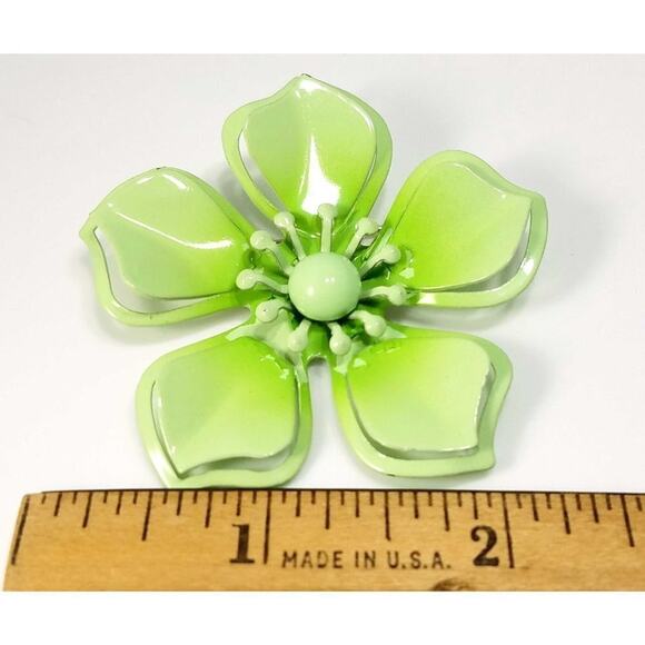 Vintage Light Green Flower Brooch, Enamel On Metal, 1960s, 2 3/8 Inches - Picture 3 of 10
